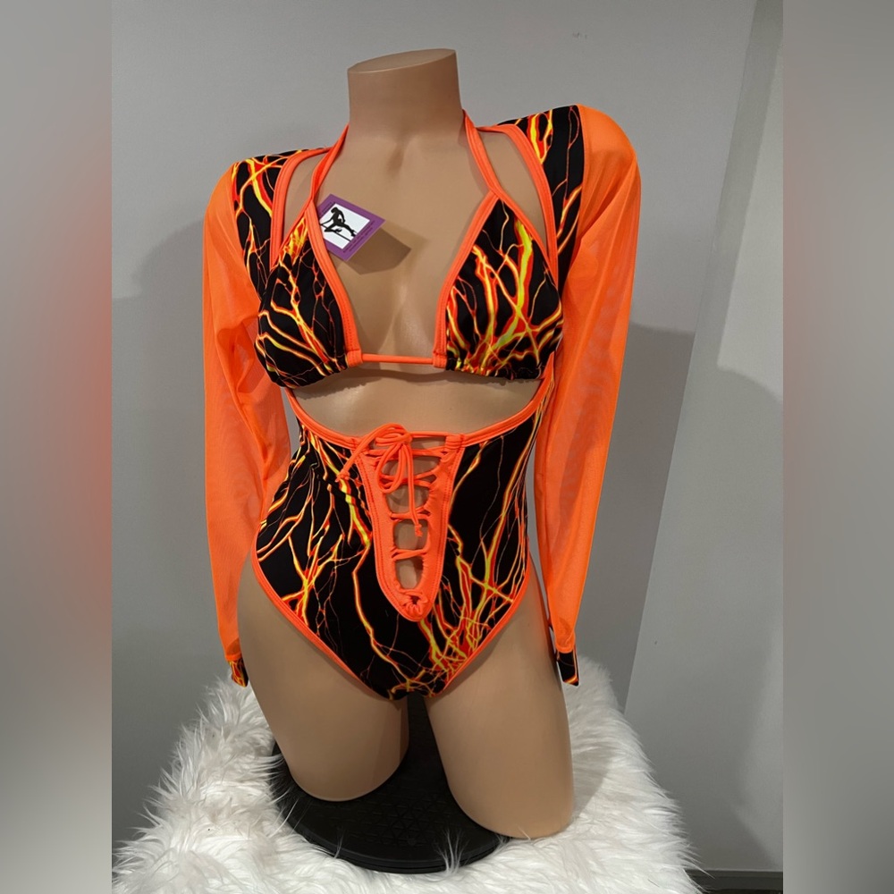 Orange black lightning bodysuit with adjustable lace-up front and long sleeves